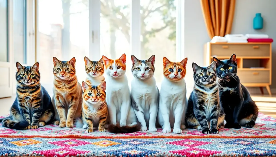 Various American cat breeds sitting together, each showing unique characteristics.