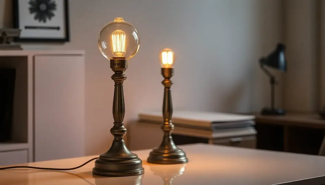 A restored vintage lamp on a modern desk, casting a warm light.