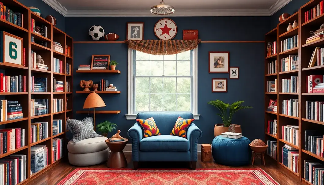 A cozy, sports-themed reading nook with comfortable seating and vibrant sports decor.