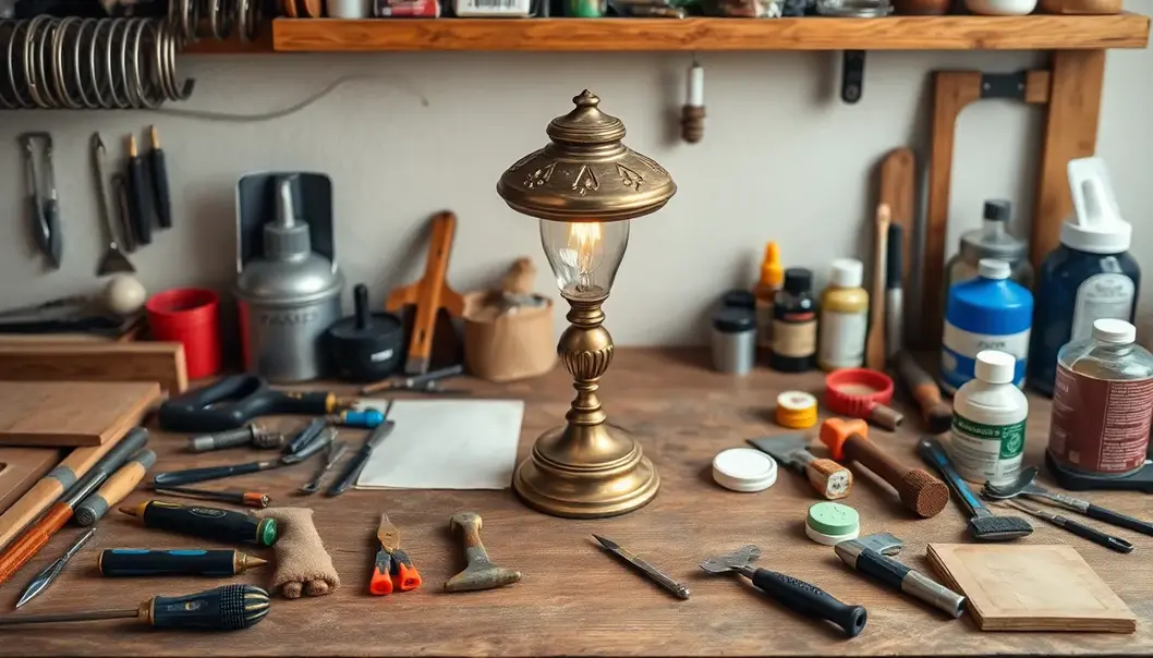 A selection of essential tools and materials for vintage lamp restoration.